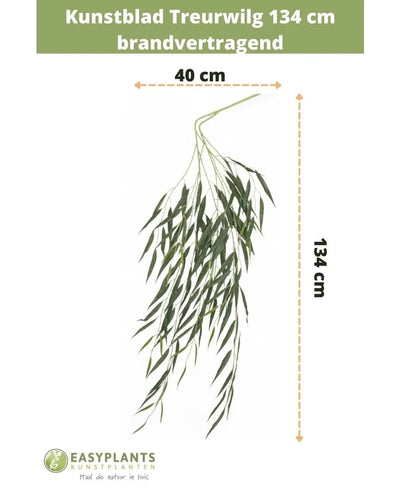Artificial leaf Weeping Willow 134 cm fire retardant with long, slender green leaves (40 cm wide). Size and brand information is shown at the top and bottom on a white background.