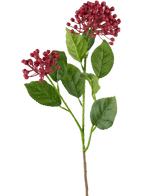 Een enkele Kunstbloem Hydrangea van 55 cm donkerroze stengel met groene bladeren en twee trossen kleine, ronde, dieproze knoppen tegen een effen witte achtergrond.