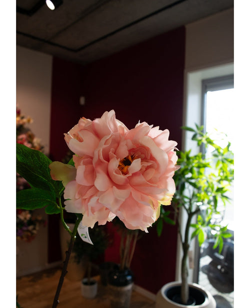 A close-up of the Artificial Flower Peony 61 cm soft pink, displayed indoors with green leaves and potted plants in the background, bathed in natural window light.
