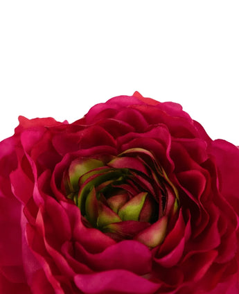 Close-up of the Artificial Flower Ranunculus 51 cm dark pink, with vibrant deep pink artificial petals and green center accents, against a plain white background.
