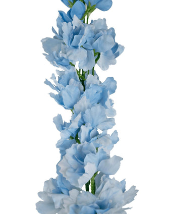 The Artificial Delphinium Real Touch Blue 90cm is a vertical garland of soft, light blue artificial flowers with ruffles on a green stem, against a white background.