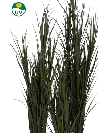Artificial grass Bordeaux UV 120cm has long, thin green artificial grass blades with a UV symbol in the top left corner indicating UV resistance, against a plain white background.
