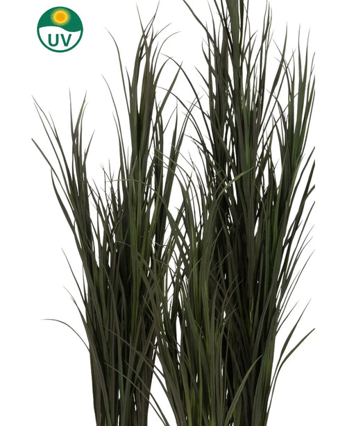 Artificial grass Bordeaux UV 120cm has long, thin green artificial grass blades with a UV symbol in the top left corner indicating UV resistance, against a plain white background.