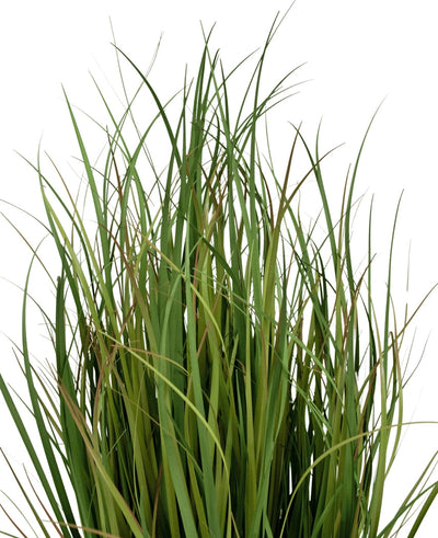 The Artificial Grass Dogtail Onion Grass Bran 90 cm, fire retardant, has long, slender green stems with brown dots here and there, which stand out against a white background.
