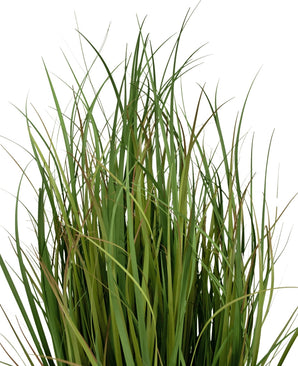 Het Kunstgras Dogtail uiengras Bran 90 cm, brandvertragend, heeft lange, slanke groene halmen met hier en daar bruine puntjes, die afsteken tegen een witte achtergrond.