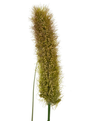 A close-up of the Artificial Grass Matsutake Onion Grass Pot 90cm Fire Retardant shows dense, bushy, green artificial foxtail grass with spiky spikelets and clustered seeds on a single upright stem against a white background.