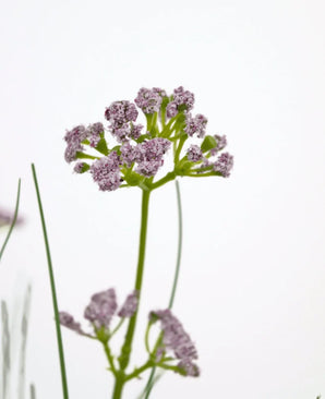 A close-up of the Artificial Grass Leek Flower Onion Grass Pot 60cm, with its lifelike bunches of light purple flowers and long green stem, against a plain white background.
