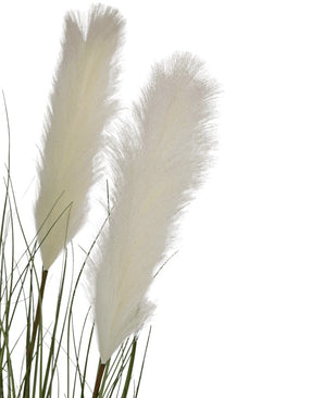 De Kunstgras stoffen riet-ui graspot 120cm brandvertragend heeft twee hoge, pluizige witte pluimen met slanke groene stelen en bladeren tegen een effen witte achtergrond.