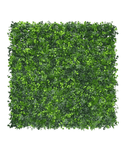 De Kunsthaag mat mix 50x50 cm heeft dicht, kunstmatig groen gebladerte in verschillende tinten, netjes gerangschikt om een levendig greenwall effect te creëren tegen een effen witte achtergrond.