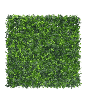 The Artificial Hedge mat mix 50x50 cm features dense, artificial green foliage in various shades, neatly arranged to create a vibrant greenwall effect against a plain white background.