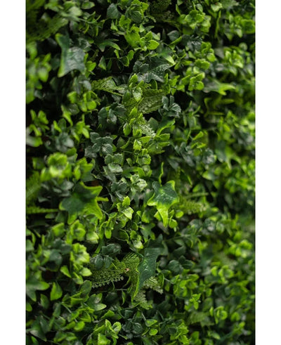 Close-up of dense green foliage with small leafy plants and vines, with the lush Artificial Hedge matting mix 50x50 cm, perfect for creating a vibrant vertical green wall.