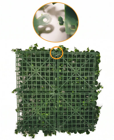 Artificial hedge Boxwood blue 50x50 cm: UV panel with artificial boxwood leaf placed on a green plastic grid. A circular inlay at the top shows a close-up of the locking mechanism that allows multiple panels to be linked together.