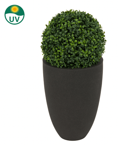 Artificial plant Boxwood Roman style UV D30cm: a round art form in a high black planter, with UV protection (symbol top left).