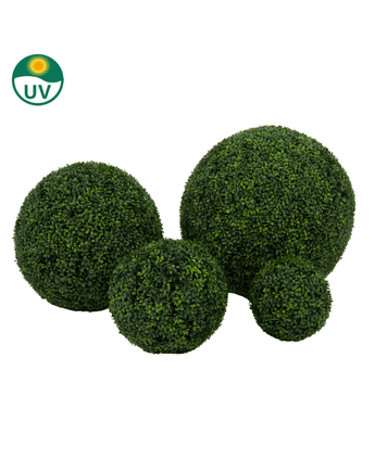 Four Artificial Boxwood Roman Style UV D30cm artificial boxwood bulbs are grouped on a white background, with a UV resistant symbol in the top left corner.