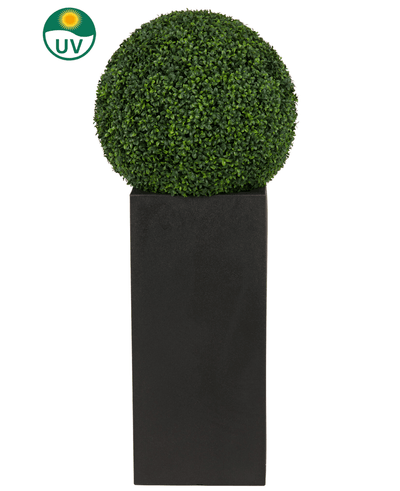 De Kunstplant Buxus romeinse stijl UV D55cm, een ronde kunstvorm, staat in een hoge zwarte plantenbak met een UV-beschermingspictogram in de linkerbovenhoek van de afbeelding.