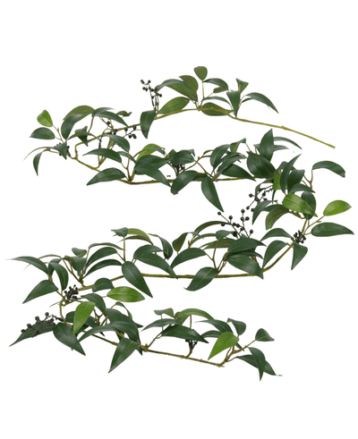 The Artificial Smilax Garland 180cm has long, thin branches with bunches of dark green leaves and small black berries against a white background.