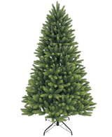 De Kunstkerstboom "Ask" 100% PE heeft dichte, gelijkmatig verspreide groene takken gemaakt van echt PE-naalden. Hij staat op een zwarte metalen standaard en wordt afgebeeld tegen een effen witte achtergrond.