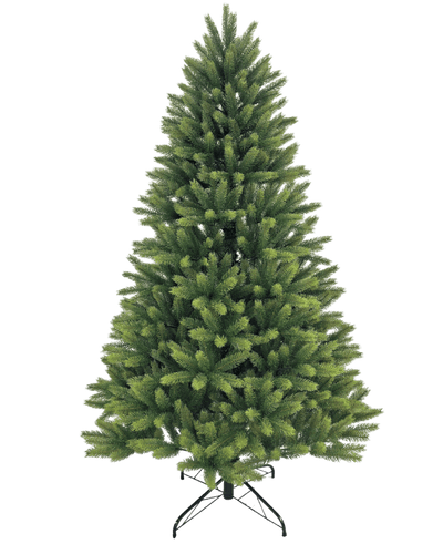 De Kunstkerstboom "Ask" 100% PE heeft dichte, gelijkmatig verspreide groene takken gemaakt van echt PE-naalden. Hij staat op een zwarte metalen standaard en wordt afgebeeld tegen een effen witte achtergrond.