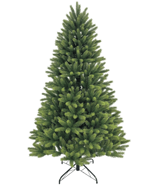 De Kunstkerstboom "Ask" 100% PE heeft dichte, gelijkmatig verspreide groene takken gemaakt van echt PE-naalden. Hij staat op een zwarte metalen standaard en wordt afgebeeld tegen een effen witte achtergrond.
