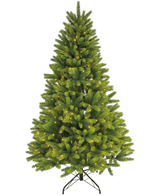 De Kunstkerstboom "Ask" 100% PE - Smart LED heeft echte aanraaktakken, ingebouwde warmwitte verlichting en staat op een zwarte metalen standaard tegen een effen witte achtergrond.