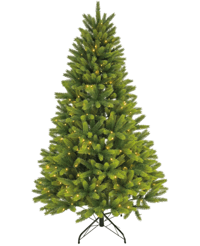 De Kunstkerstboom "Ask" 100% PE - Smart LED heeft echte aanraaktakken, ingebouwde warmwitte verlichting en staat op een zwarte metalen standaard tegen een effen witte achtergrond.