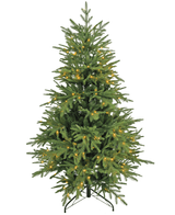 The Artificial Christmas Tree "Åsmund" PE/PVC - Smart LED is a green artificial tree with a black metal stand, equipped with small, evenly distributed warm white lights and without ornaments or tree topper.