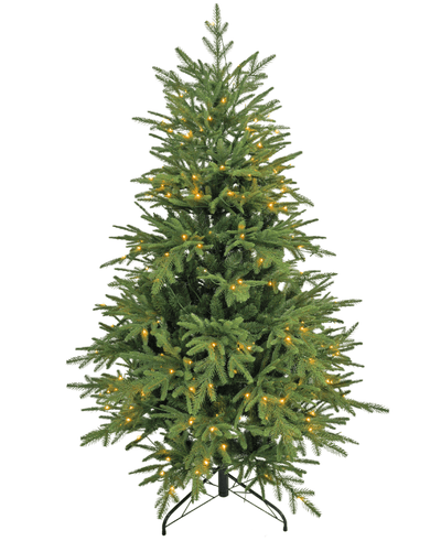 The Artificial Christmas Tree "Åsmund" PE/PVC - Smart LED is a green artificial tree with a black metal stand, equipped with small, evenly distributed warm white lights and without ornaments or tree topper.