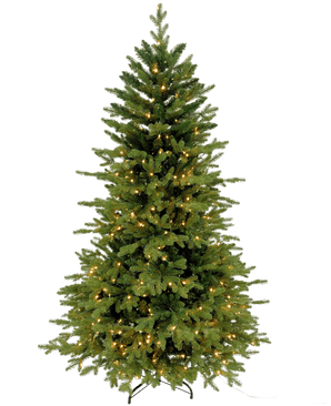 De Kunstkerstboom "Ibsen" PE/PVC - Smart LED staat op een zwarte metalen voet tegen een witte achtergrond, zijn weelderige groene takken gevuld met kleine warmwitte lampjes en zonder extra kerstversiering of ornamenten.