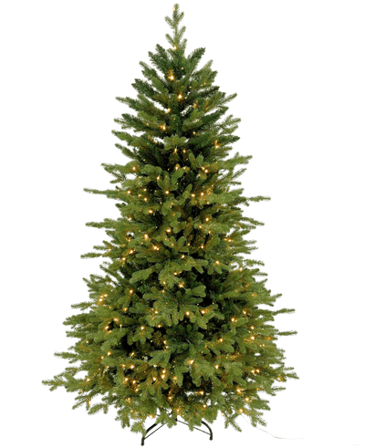 De Kunstkerstboom "Ibsen" PE/PVC - Smart LED staat op een zwarte metalen voet tegen een witte achtergrond, zijn weelderige groene takken gevuld met kleine warmwitte lampjes en zonder extra kerstversiering of ornamenten.