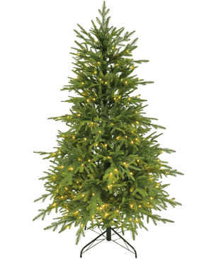 De "Sigrid" kunstkerstboom (100% PE) met slimme LED-lampjes in warm wit staat op een metalen standaard tegen een effen witte achtergrond.