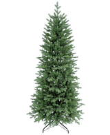 De Kunstkerstboom Slim "Undset" 100% PE is een hoge kunstkerstboom met dichte groene PE takken, voelt echt aan en staat op een zwarte metalen voet. Hij is onversierd en wordt getoond tegen een effen witte achtergrond.