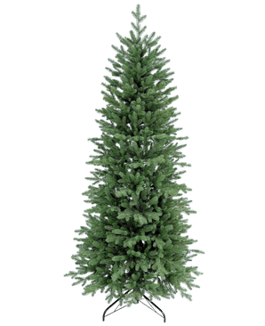 De Kunstkerstboom Slim "Undset" 100% PE is een hoge kunstkerstboom met dichte groene PE takken, voelt echt aan en staat op een zwarte metalen voet. Hij is onversierd en wordt getoond tegen een effen witte achtergrond.