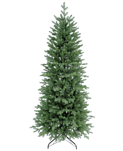 De Kunstkerstboom Slim "Undset" 100% PE is een hoge kunstkerstboom met dichte groene PE takken, voelt echt aan en staat op een zwarte metalen voet. Hij is onversierd en wordt getoond tegen een effen witte achtergrond.