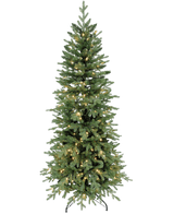De Kunstkerstboom Slim "Undset" 100% PE - Smart LED heeft echt aanraakbladeren, ingebouwde warmwitte lampjes en een zwarte metalen standaard, afgebeeld tegen een effen witte achtergrond.
