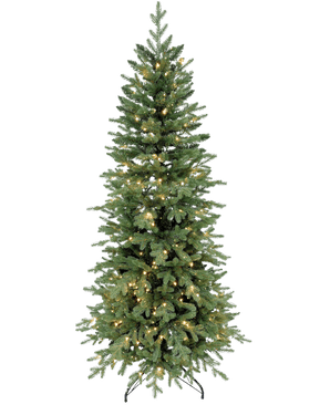 De Kunstkerstboom Slim "Undset" 100% PE - Smart LED heeft echt aanraakbladeren, ingebouwde warmwitte lampjes en een zwarte metalen standaard, afgebeeld tegen een effen witte achtergrond.