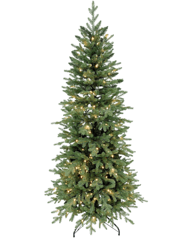 De Kunstkerstboom Slim "Undset" 100% PE - Smart LED heeft echt aanraakbladeren, ingebouwde warmwitte lampjes en een zwarte metalen standaard, afgebeeld tegen een effen witte achtergrond.