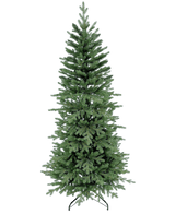 De Kunstkerstboom Slim "Undset" PE/PVC is een hoge, symmetrische kunstboom met dichte, realistische groene takken. Hij staat onversierd op een zwarte metalen standaard tegen een effen witte achtergrond.