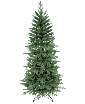 De Kunstkerstboom Slim "Undset" PE/PVC is een hoge, symmetrische kunstboom met dichte, realistische groene takken. Hij staat onversierd op een zwarte metalen standaard tegen een effen witte achtergrond.