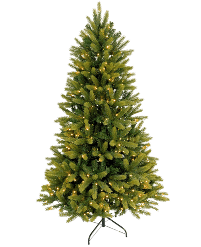 The Artificial Christmas Tree "Weideman" PE/PVC - Smart LED, with green branches and warm white lights, stands on a black metal base against a plain white background.