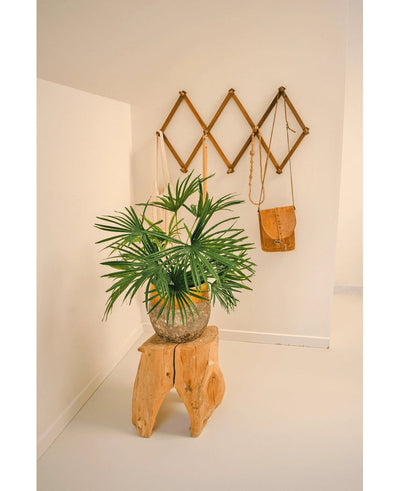 De Kunstplant Baby Palm Fan in pot UV 50 cm zit op een houten kruk in een minimalistische kamer. Daarachter toont een bruin wandrek in accordeonstijl bruine en bruine leren tassen tegen een kraakheldere witte muur.