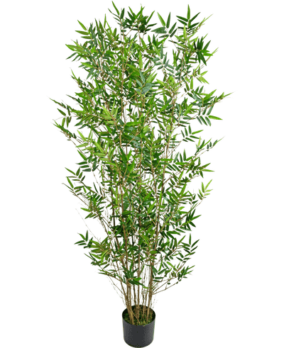 De Kunstplant Bamboe Deluxe 150 cm is een hoge bamboeplant in pot met slanke groene bladeren en meerdere dunne stengels, gefotografeerd tegen een effen witte achtergrond.