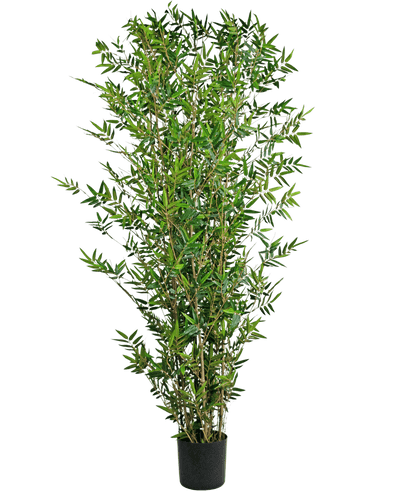 De Kunstplant Bamboe Deluxe 180 cm is een hoge kunstbamboeplant met meerdere slanke groene bladeren en dunne stengels, gepresenteerd in een pot tegen een effen witte achtergrond.