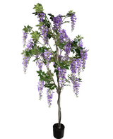 De Kunstplant Blauweregen 210 cm is een kunst blauwe regen in pot met groene bladeren en paarse bloemtrossen tegen een effen witte achtergrond.