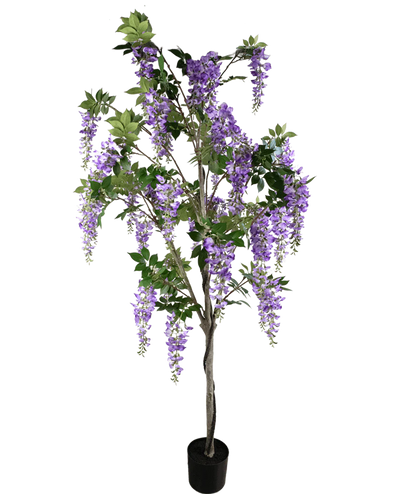 De Kunstplant Blauweregen 210 cm is een kunst blauwe regen in pot met groene bladeren en paarse bloemtrossen tegen een effen witte achtergrond.