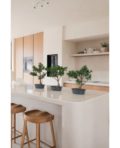 Een Kunstplant Bonsai Juniper 40 cm staat op een wit keukeneiland met twee houten krukjes, omringd door lichthouten kastjes, witte werkbladen en een minimalistische inrichting.