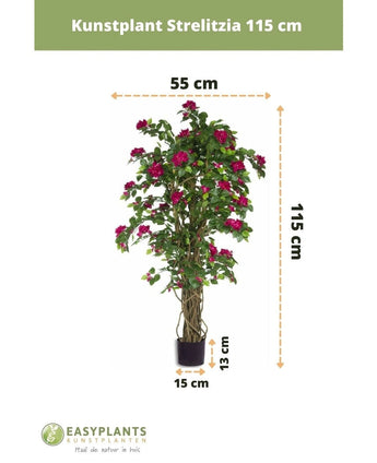 Artificial plant Bougainvillea Liana Fuchsia, 115 cm high and 55 cm wide, with fuchsia pink flowers in a pot (pot: 13 cm high, Ø15 cm) for a Mediterranean atmosphere. EASYPLANTS logo and text at the bottom.
