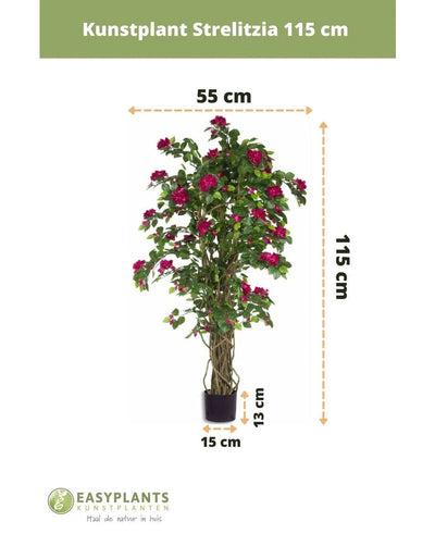 Artificial plant Bougainvillea Liana Fuchsia, 115 cm high and 55 cm wide, with fuchsia pink flowers in a pot (pot: 13 cm high, Ø15 cm) for a Mediterranean atmosphere. EASYPLANTS logo and text at the bottom.