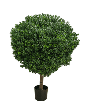 De Kunstplant Buxus op stam romeinse stijl UV, 95 cm hoog, heeft een dicht, rond groen topiary gebladerte en een enkele bruine stam, perfect voor binnen of buiten. Tegen een witte achtergrond.