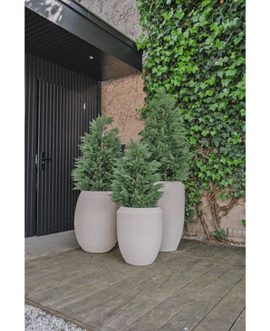 Three large beige planters with Artificial Plant Conifer deluxe UV 150 cm stand on a wooden deck near a black door and ivy wall, creating a stylish outdoor entrance or patio for anyone looking for artificial plant garden inspiration.