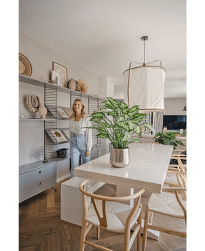 A woman smiles in a bright, modern dining room with wooden chairs, a white table with the Artificial Dieffenbachia 75 cm plant as a centerpiece and open shelves decorated with books and art.